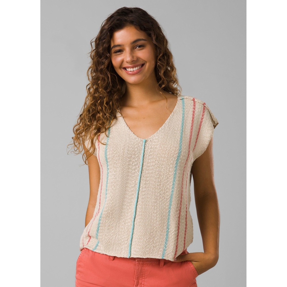Prana Womens Organic Cotton Striped Knit V-Neck Cap Sleeve Top Beige Medium